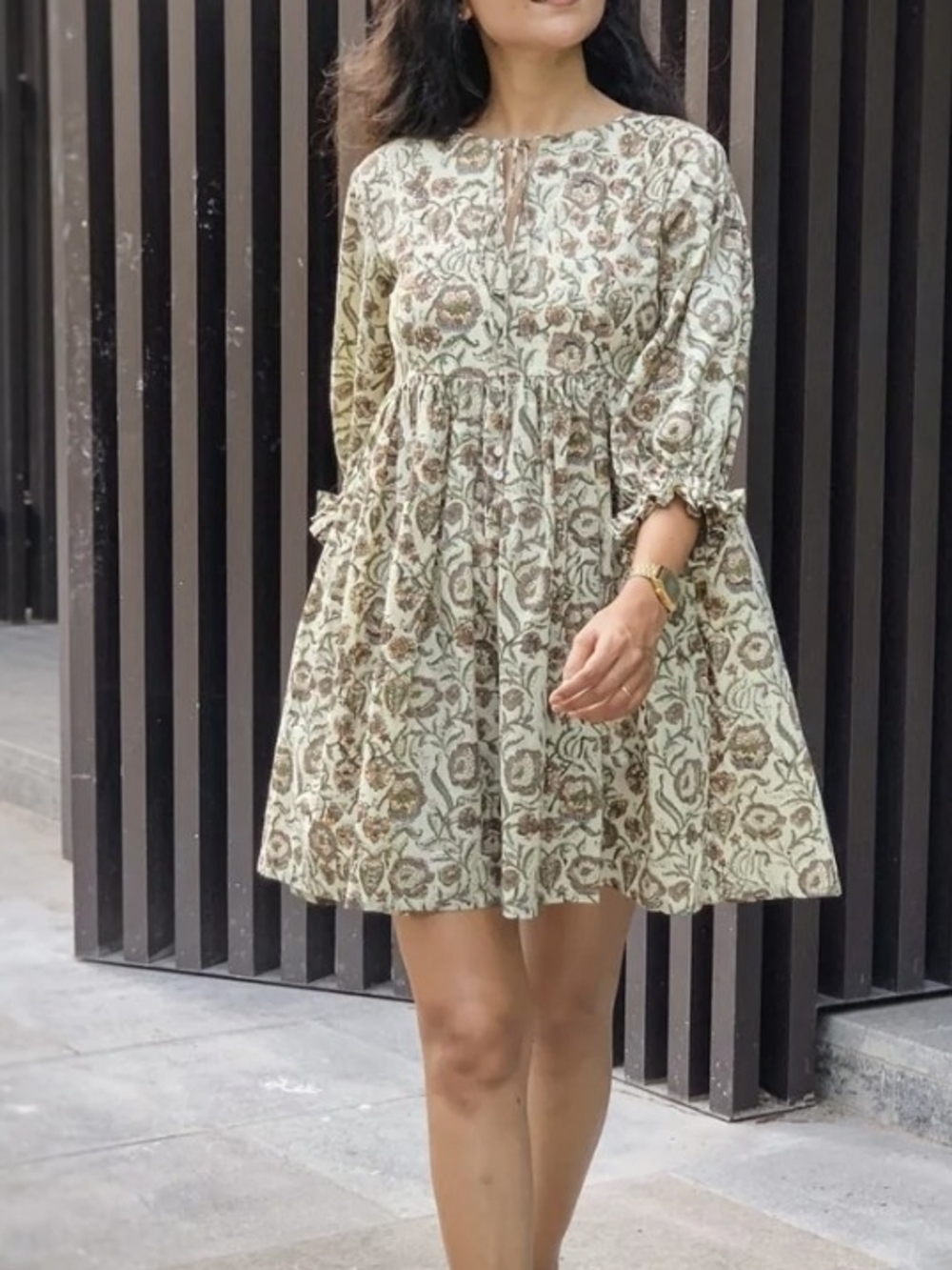 Floral Block Printed Cotton Gathered Short Dress - Picture 5 of 6